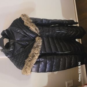 Black Quilted Puffer Jacket with Fur-Trimmed Hood by Attelier